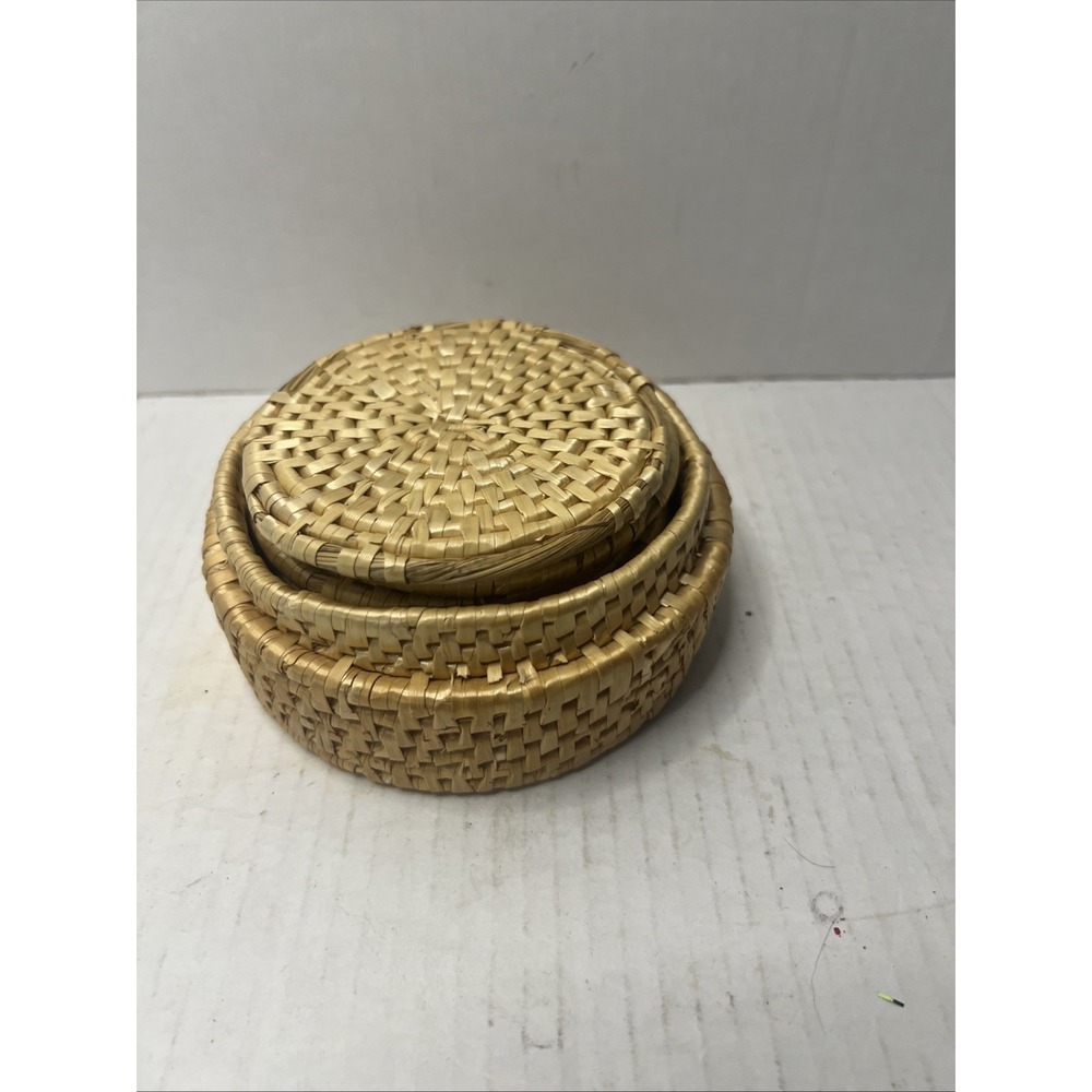 Set of (7) Rattan 3-7/8" Coasters w/ Basket